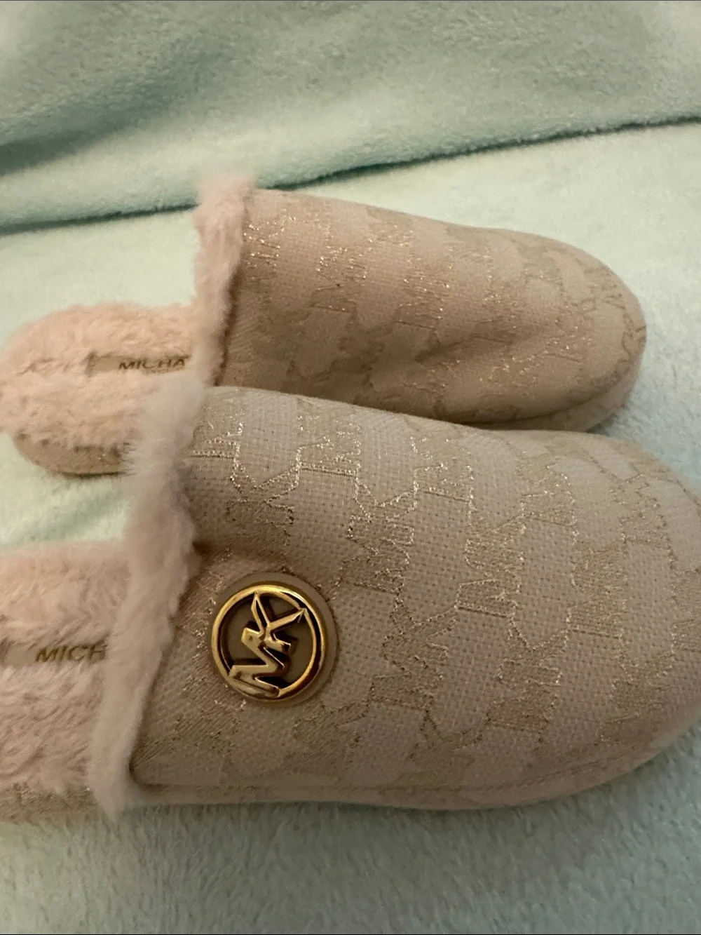 Michael Kors Pale Pink Faux-Fur Logo Slip-On Slippers
